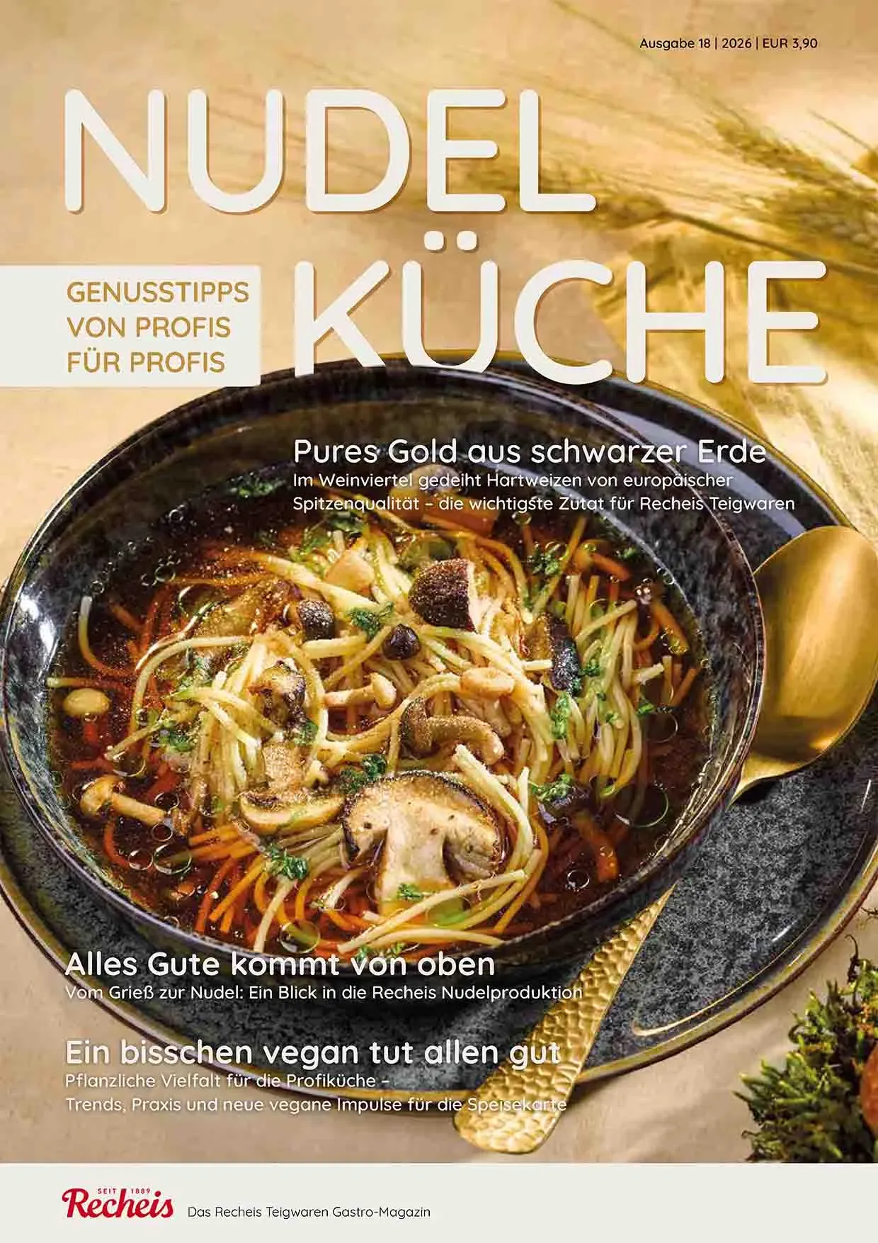 Magazincover Nudelküche Ausgabe 18 mit Schüssel Nudelsuppe und goldfarbenem Besteck auf einem Tisch