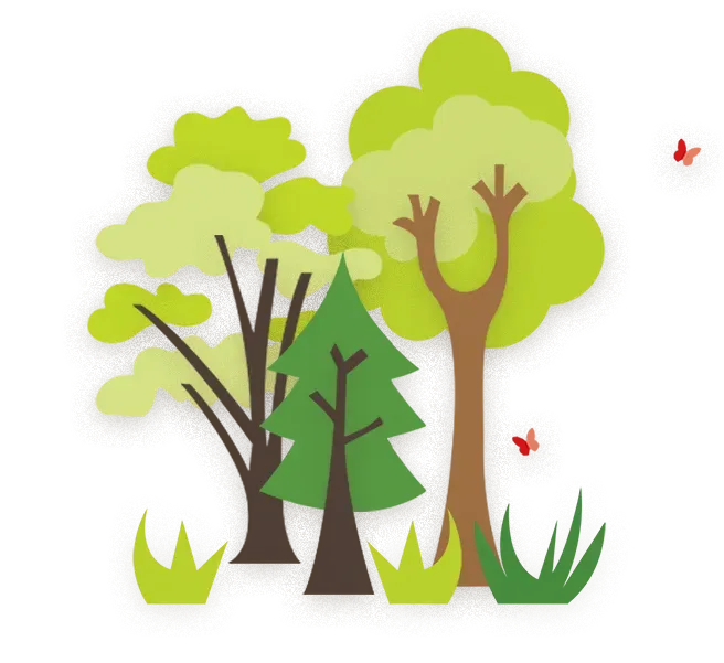 Illustration von verschiedenen Bäumen und Gräsern mit zwei Schmetterlingen, Thema Bäume pflanzen