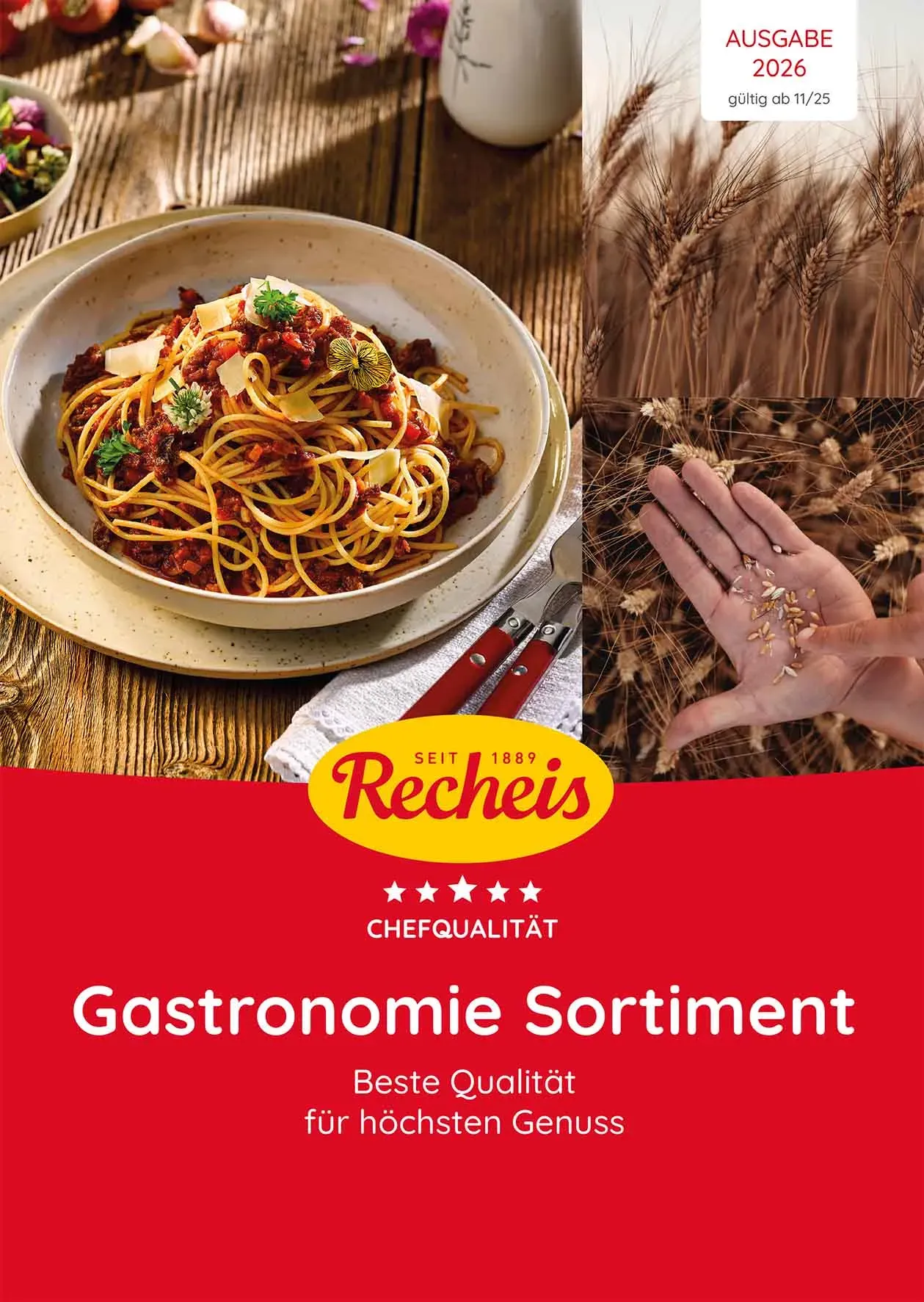 Teller Spaghetti Bolognese und Getreideähren auf Holzuntergrund, Gastro-Sortimentskatalog 2025/2026