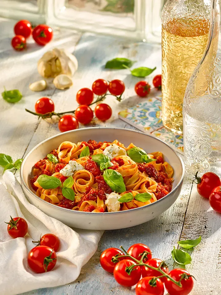 Hausgemachter Nudelteig aus Hartweizengrieß: Pasta in Tomatensauce mit Basilikum, daneben Tomaten und Knoblauch