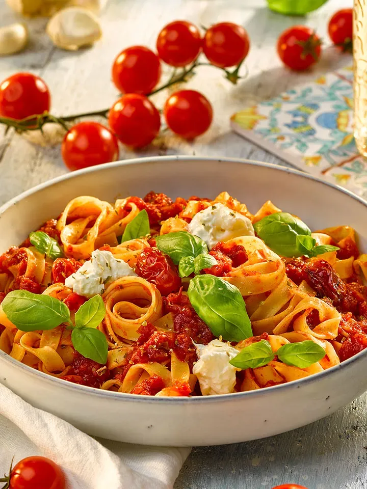Hausgemachter Nudelteig: Tagliatelle in Tomatensauce mit Basilikum und Käse in einer Schüssel