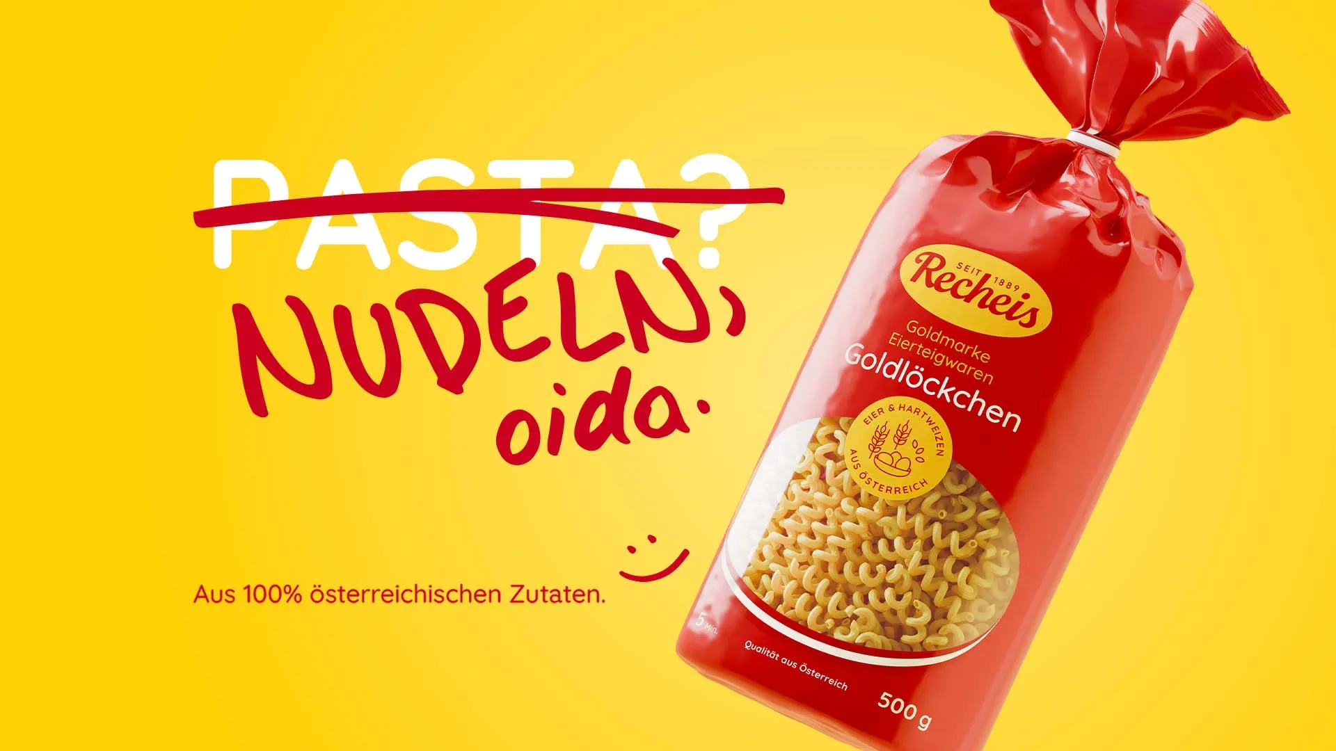 Gewinnspiel 2026 „Nudeln, Oida“: rote Nudeltüte auf gelbem Hintergrund mit Text über österreichische Zutaten
