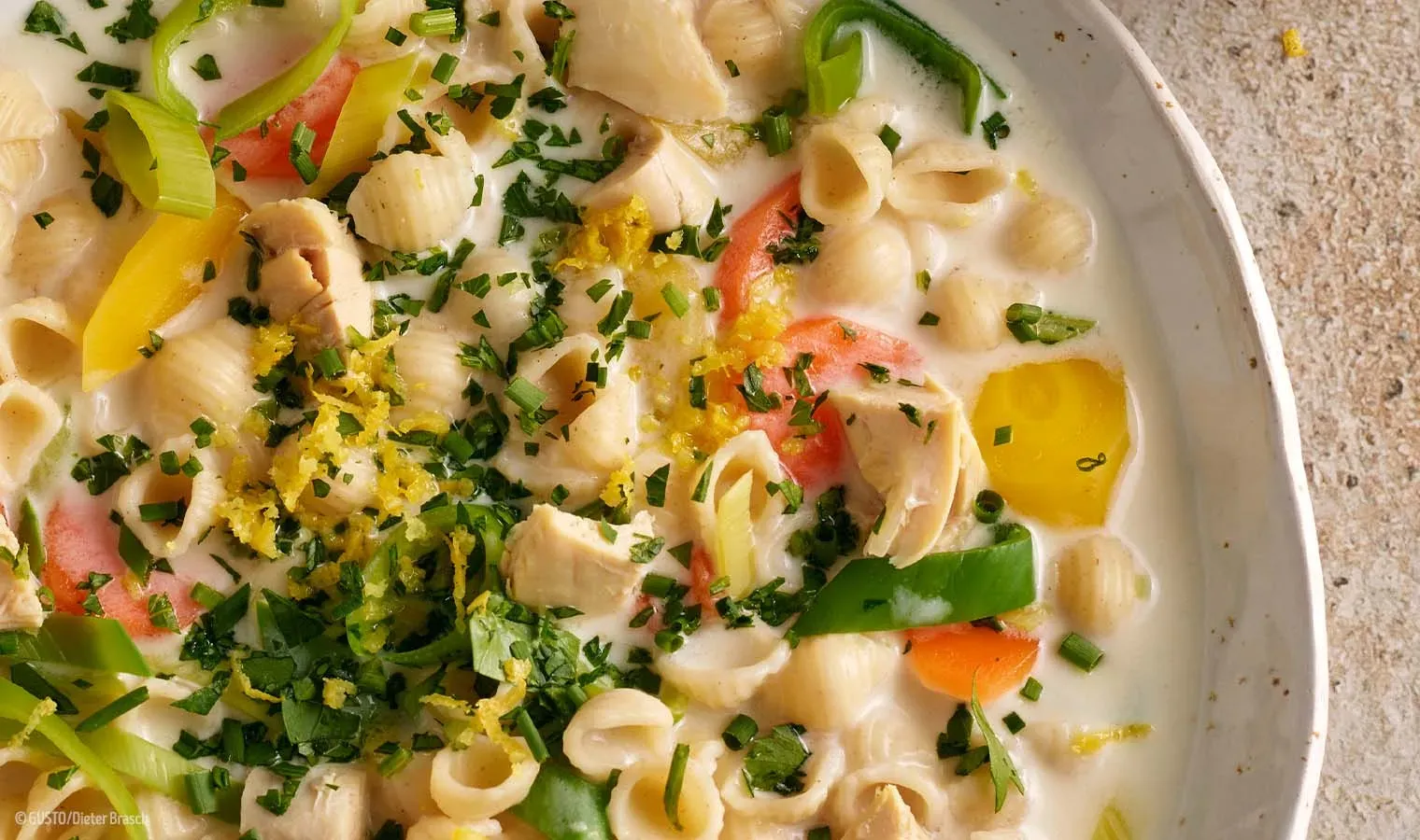 Nahaufnahme von Hühnersuppentopf mit Dinkelmuscheln in cremiger Gemüsesuppe mit frischen Kräutern