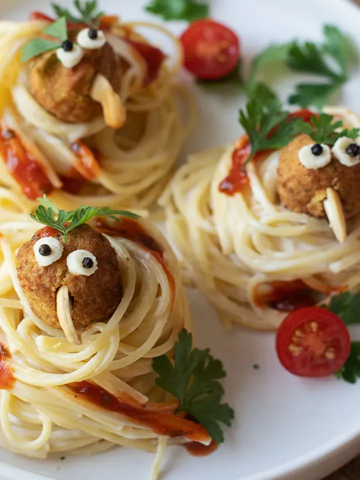 Kinderrezept Gemüsebällchen: Spaghetti mit Bällchen, als kleine Tiere mit Augen und Blättern dekoriert