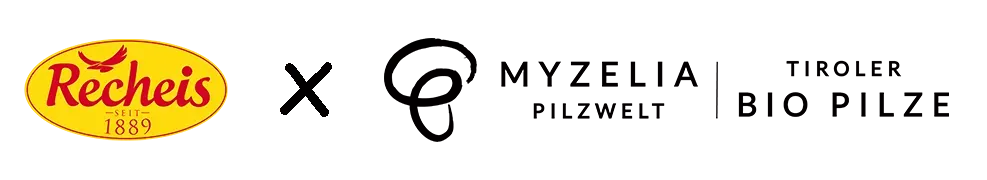 Logos von Recheis und Myzelia Pilzwelt Tiroler Bio Pilze nebeneinander, Kooperation