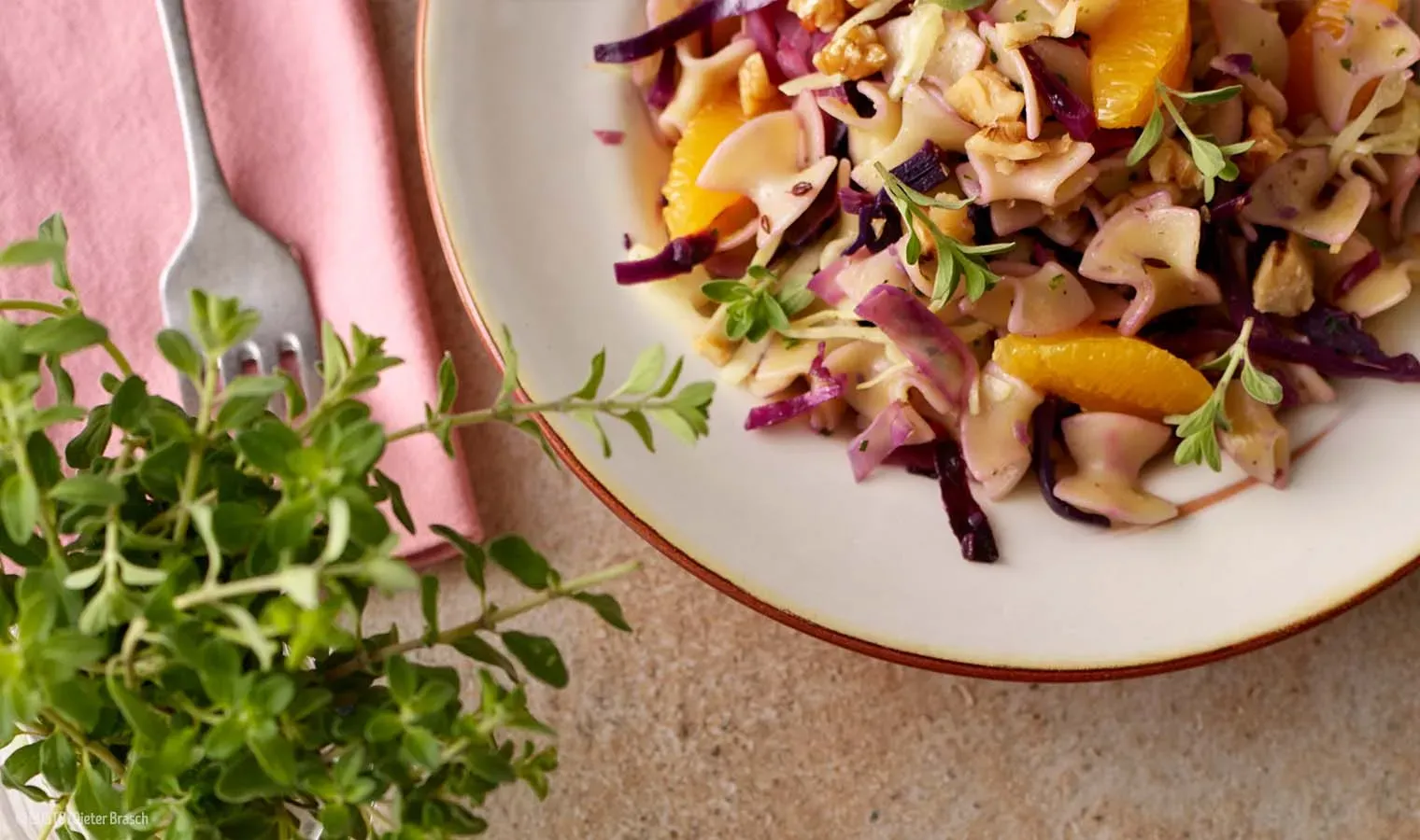 Rotweißer Krautfleckerl-Salat mit Rotkohl, Mandarinen und Kräutern auf einem Teller