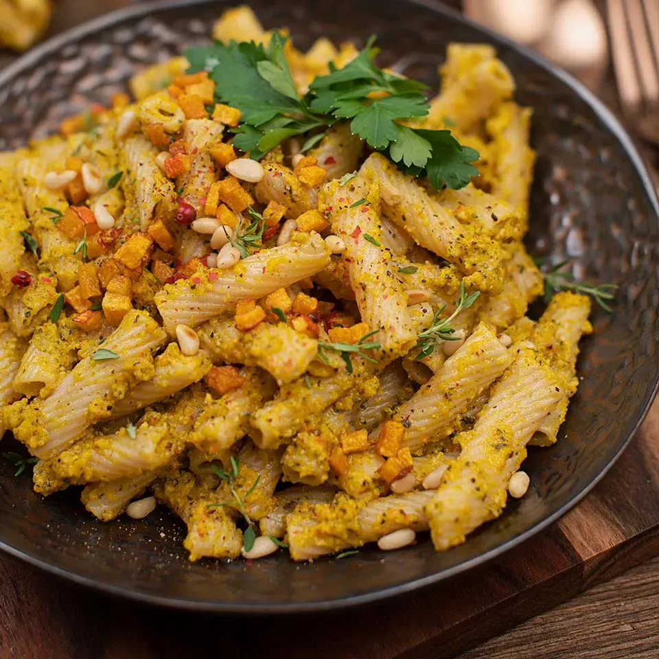 Makkaroni mit Kürbispesto in cremiger Sauce, mit Kräutern und Nüssen garniert, auf einem Teller