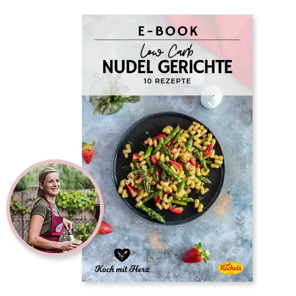 Cover des Low-Carb-Nudelgerichte-E-Books mit einem Teller Pasta und Spargel