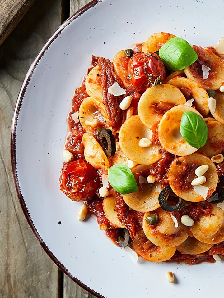 Orecchiette alla Puttanesca in Tomatensauce mit Basilikum und Pinienkernen auf einem Teller