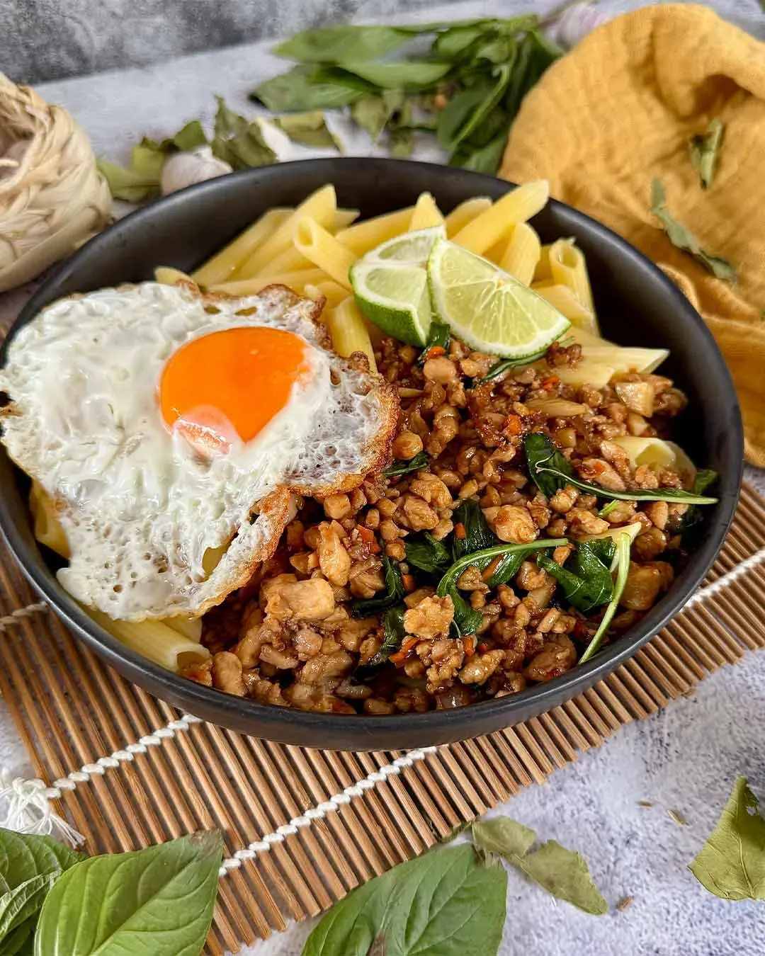Pad Kra Pao mit glutenfreien Nudeln, Hackfleisch, Spiegelei und Limettenscheiben in einer Schüssel