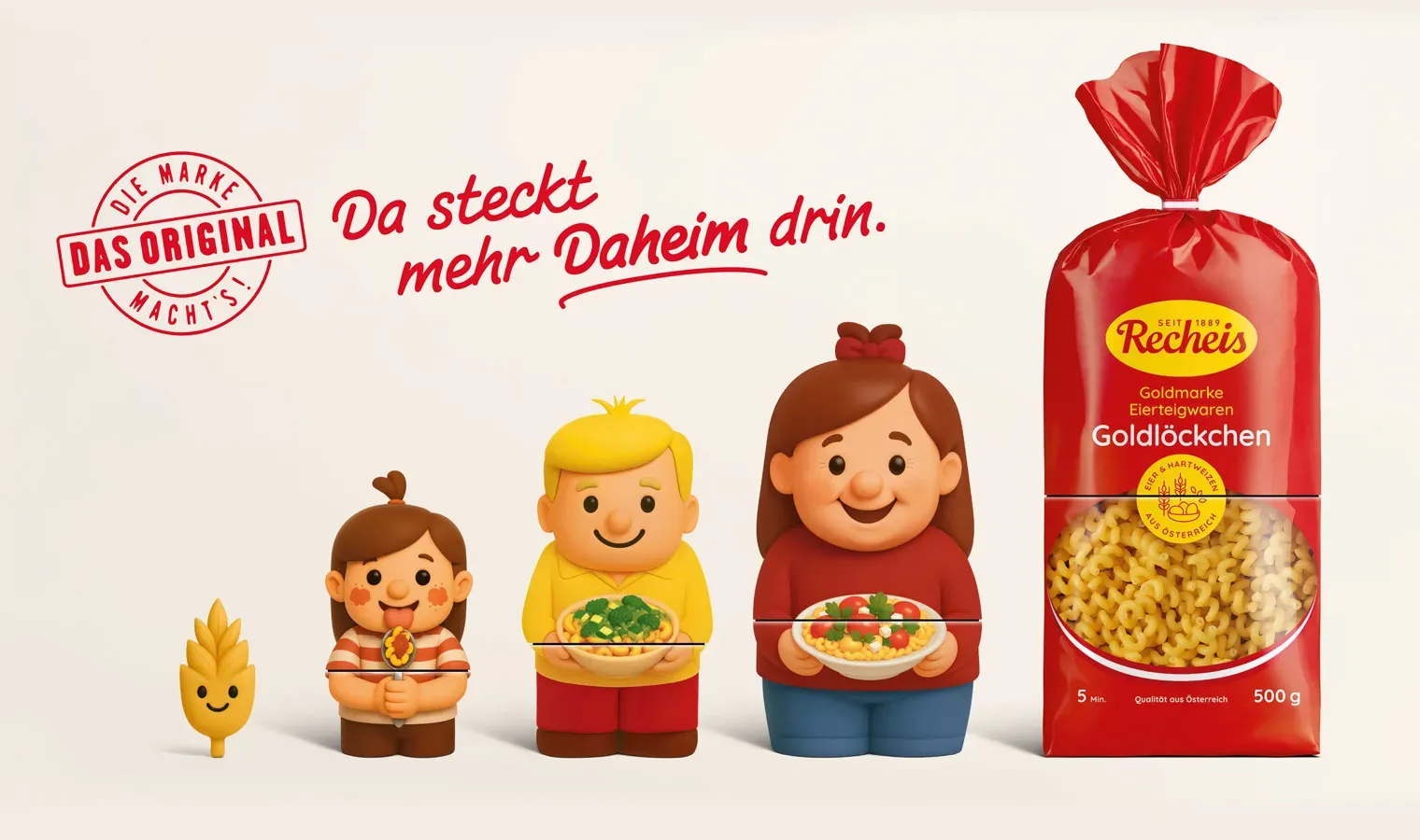 Recheis Goldlöckchen Nudeln mit Figuren einer Familie und Getreidekorn als Werbung