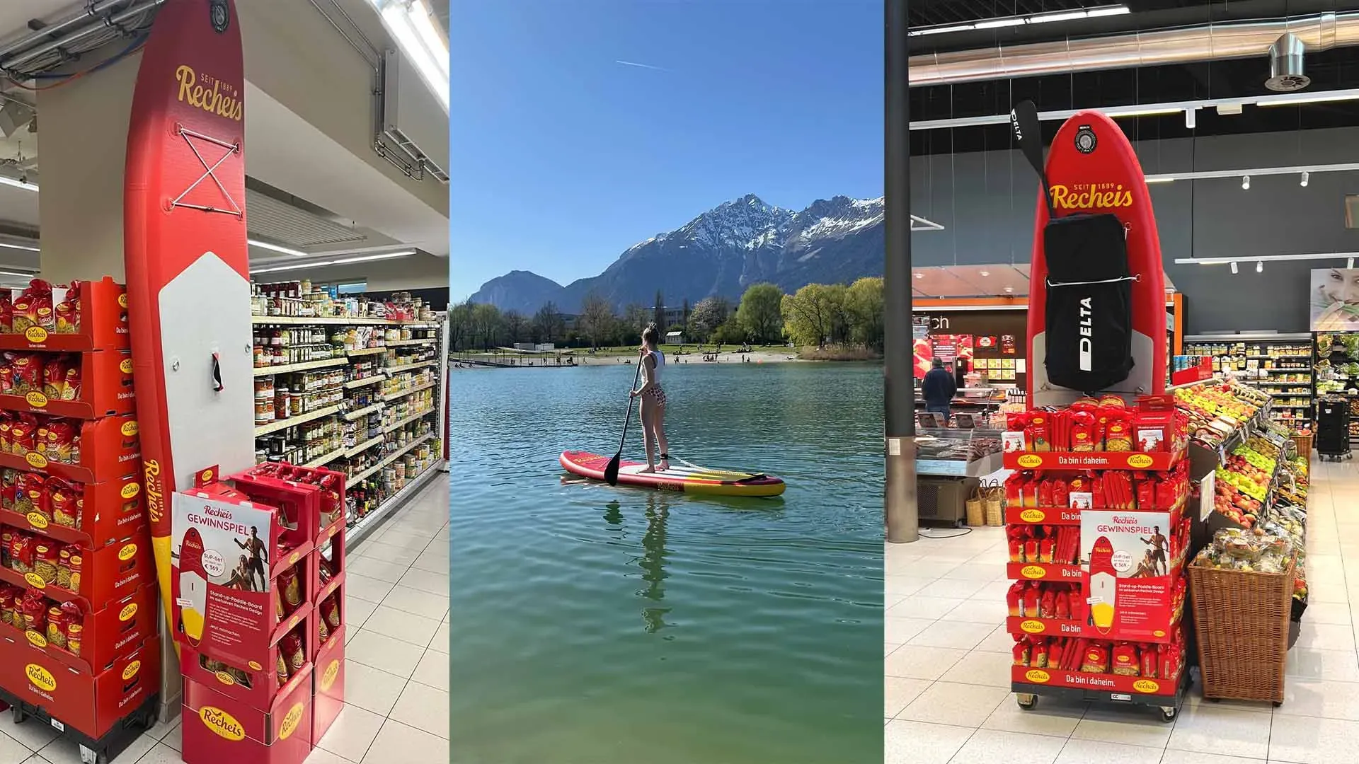 Zwei rote Stand-up-Paddle-Boards in einem Supermarkt neben Regalen mit Lebensmitteln, Gewinnspielaktion 2025