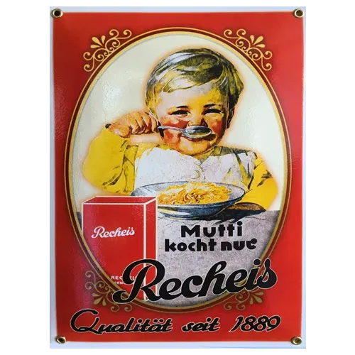 Historisches Werbeschild mit einem Kind, das Spaghetti isst, und dem Recheis-Logo