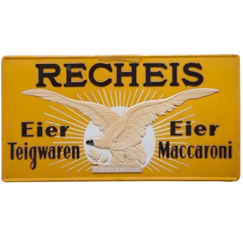 Historisches gelbes Werbeschild mit Adler und Schrift für Recheis Eier-Teigwaren und Maccaroni