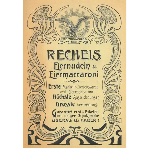 Historisches Werbeplakat für Recheis Eiernudeln und Eiermacaroni mit dekorativem Rahmen