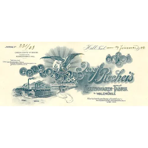 Historische Rechnung von Josef Recheis mit Fabrikillustration, Adler und dekorativem Schriftzug