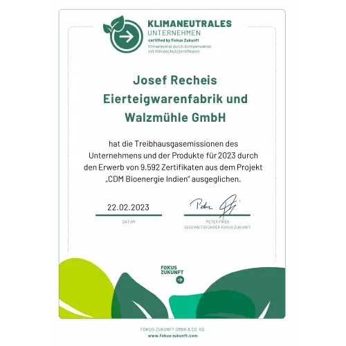 Zertifikat für klimaneutrale Produktion der Josef Recheis GmbH, ausgestellt 2023