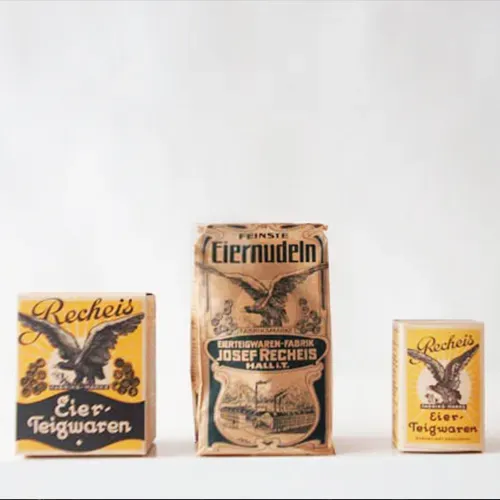 Drei historische Verpackungen von Recheis Eier-Teigwaren und Eiernudeln mit Adler-Motiv, 1935