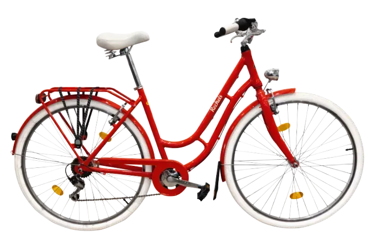 Rotes Puch Citybike mit weißen Reifen, weißem Sattel und Gepäckträger