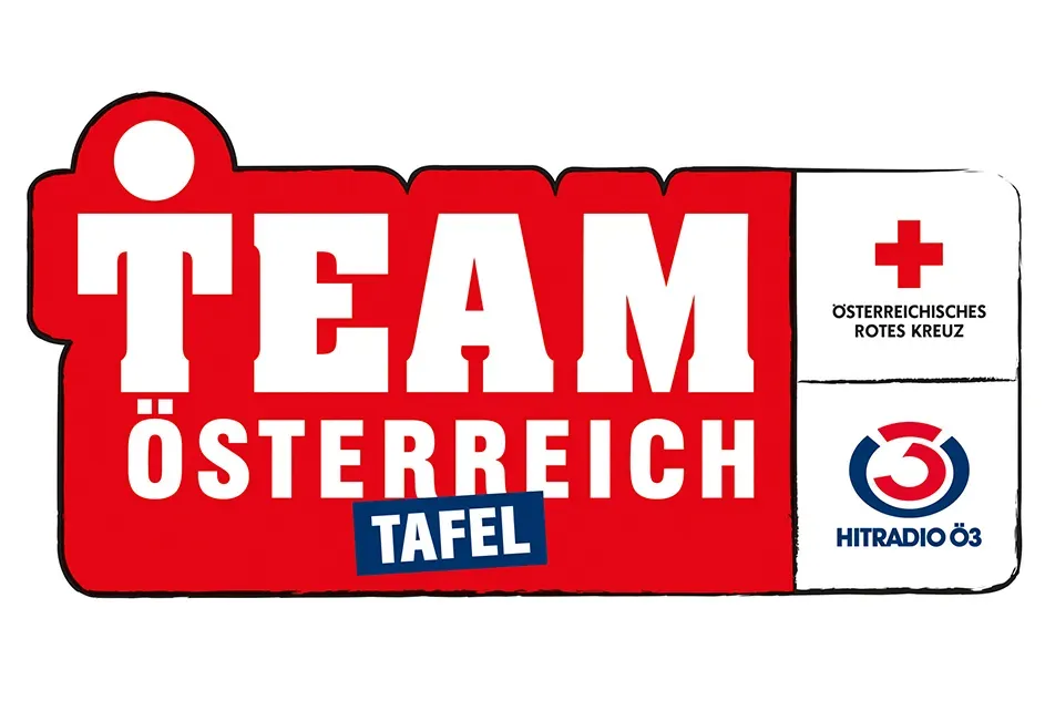 Logo Team Österreich Tafel mit Rotem Kreuz und Hitradio Ö3